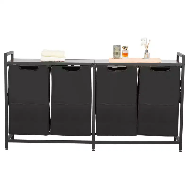 4 Section Laundry Sorter, Large Laundry Hamper with Metal Frame and Wooden Tabletop, Freestanding Storage Organizer Baskets, Black