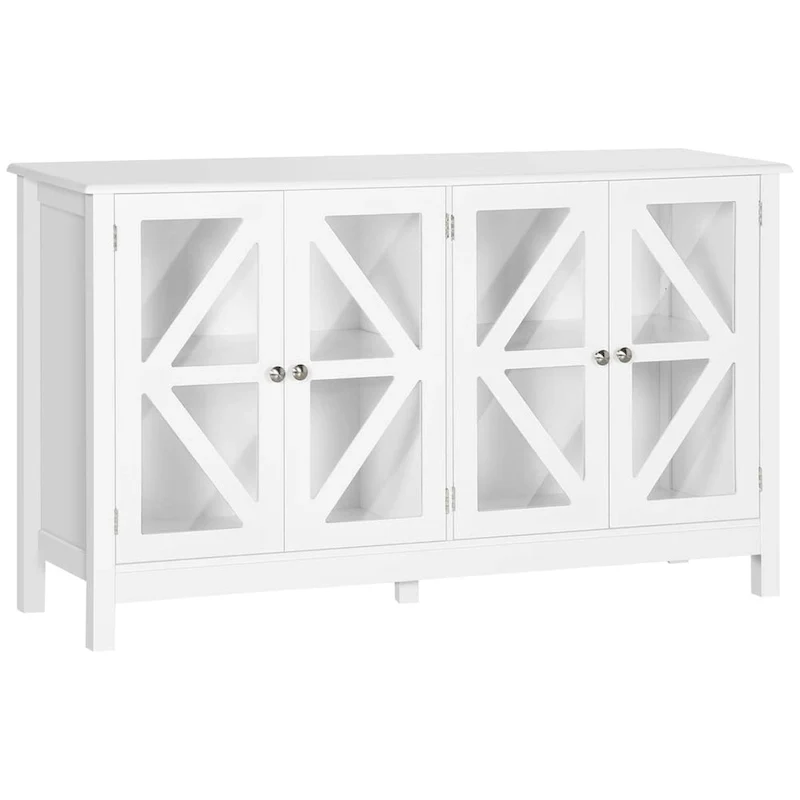 Sideboard Buffet Cabinet with 4 Tempered Glass Doors and Adjustable Shelf, White