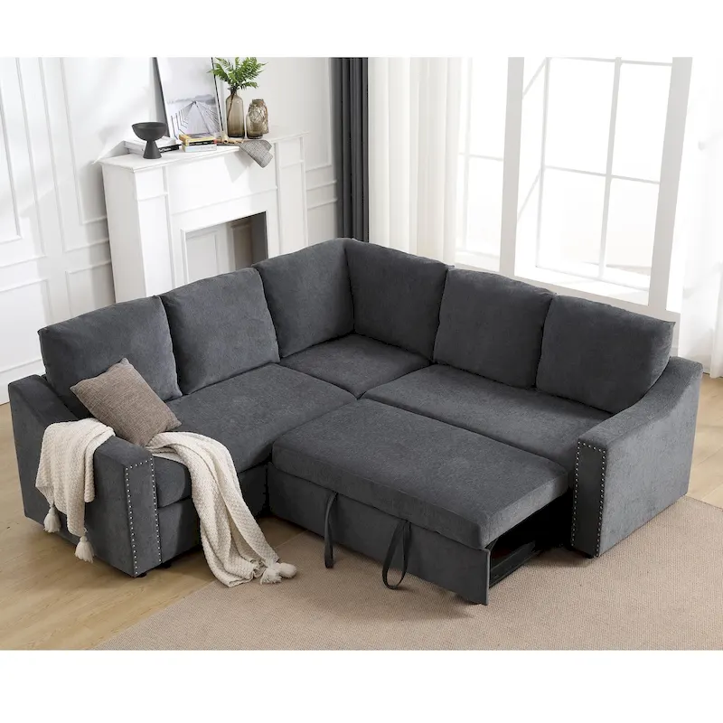 81.5 L-Shaped 5-Seat Sectional Sofa with Pull-Out Bed and 6 Cushions, Multifunctional Corner Couch for Living Area