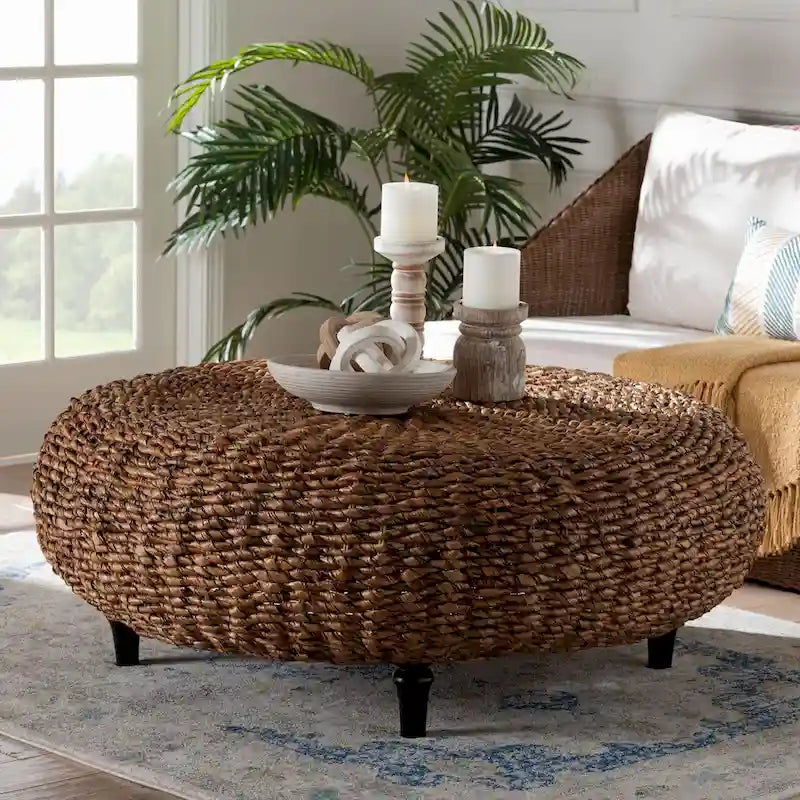 Round Handwoven Seagrass Coffee Table – Natural Brown, Bohemian Style, Turned Wood Legs