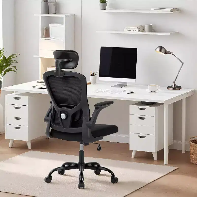 Ergonomic High-Gray Office Chair with Adjustable Headrest & Lumbar Support - Flip-Up Armrest, Rolling Mesh Chair for Home Office, Study, Bedroom