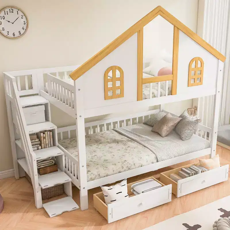 Whisen Twin Size Bunk Bed with Window Door and Roof, Storage Drawers and Staircase