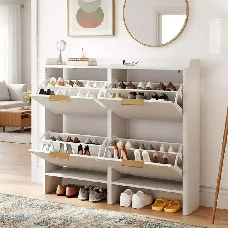 42.9 Inch Slatted Style 4 Flip Door Shoe Cabinet with Tabletop Baffle