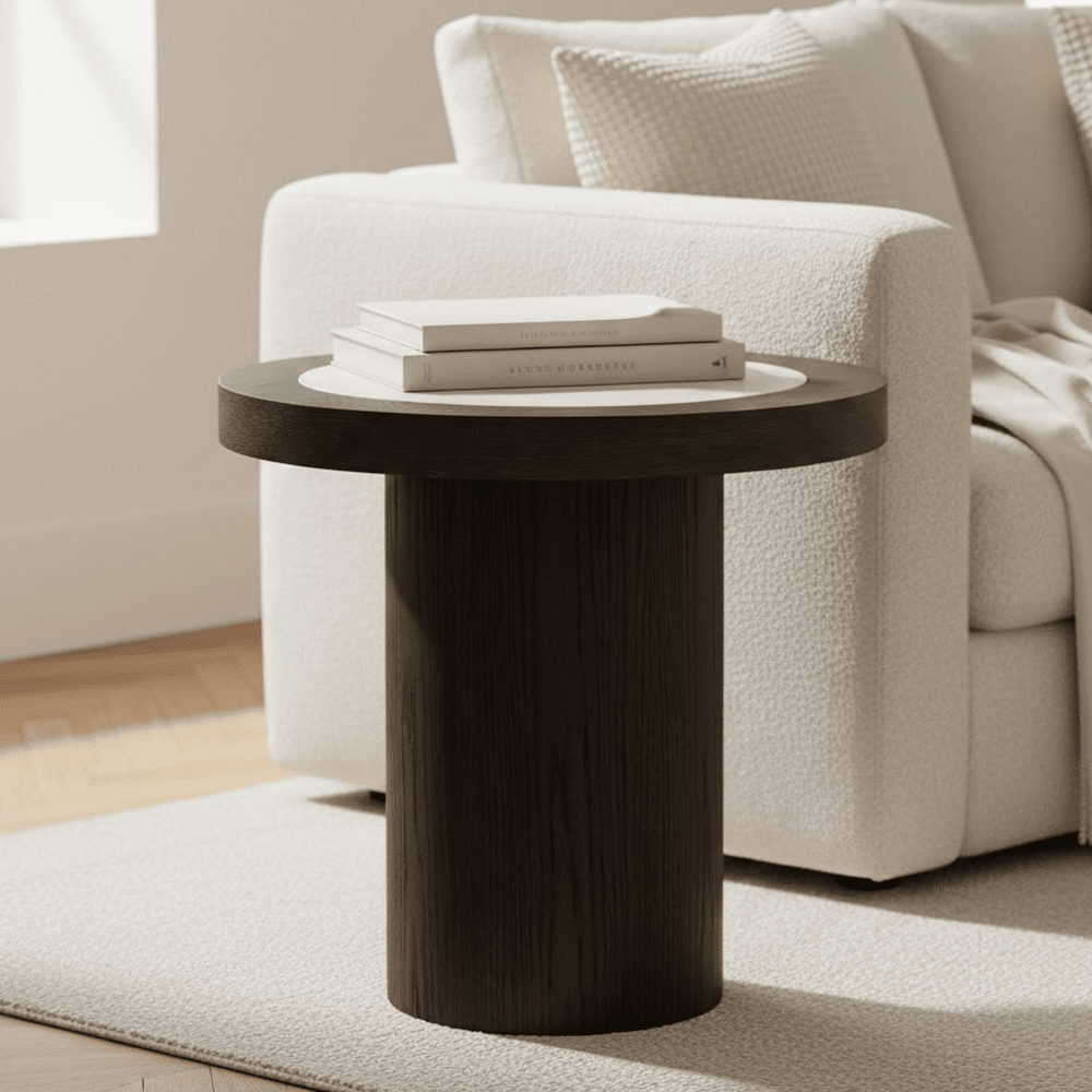 Deep Brown Wooden Side Table with Travertine Top