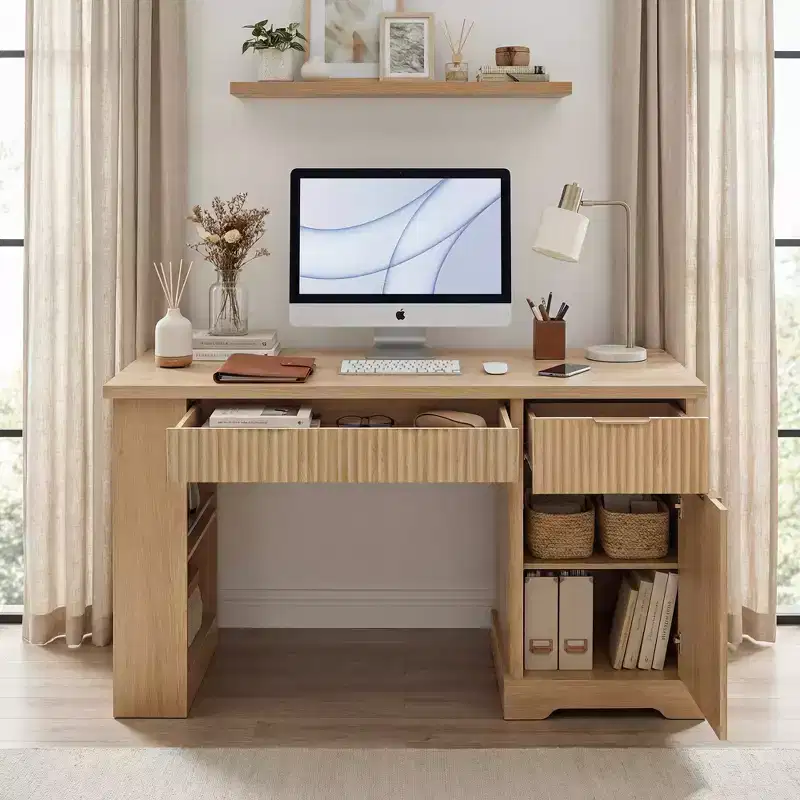 GDFStudio Haoran 55'' Modern Fluted Office Desk with Power Outlet, Keyboard Tray, Door and Drawers