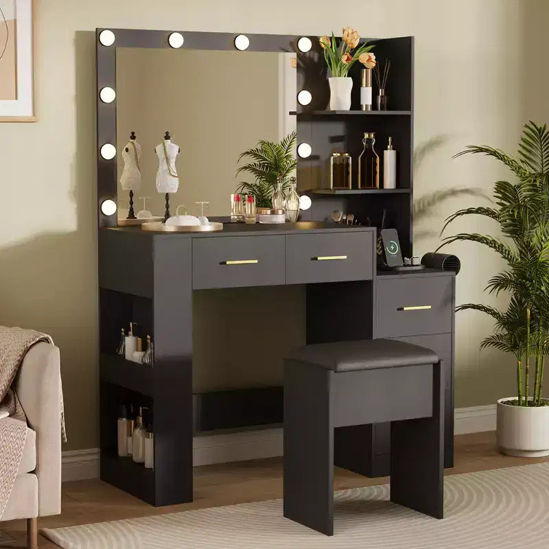 Makeup Vanity with Mirror and Stool, White Vanity Table with 5 Drawers, Dressing Table Set for Bedroom