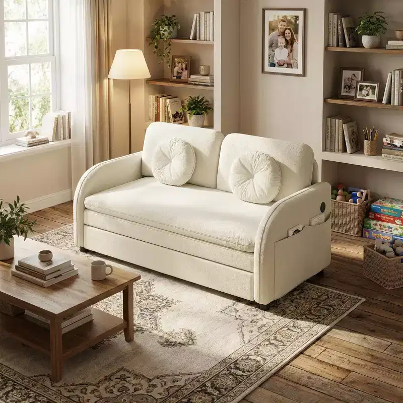 Homy Casa 2-Seat Convertible Sleeper Sofa Bed, Upholstered Pull-Out Loveseat with USB Ports & Side Pockets
