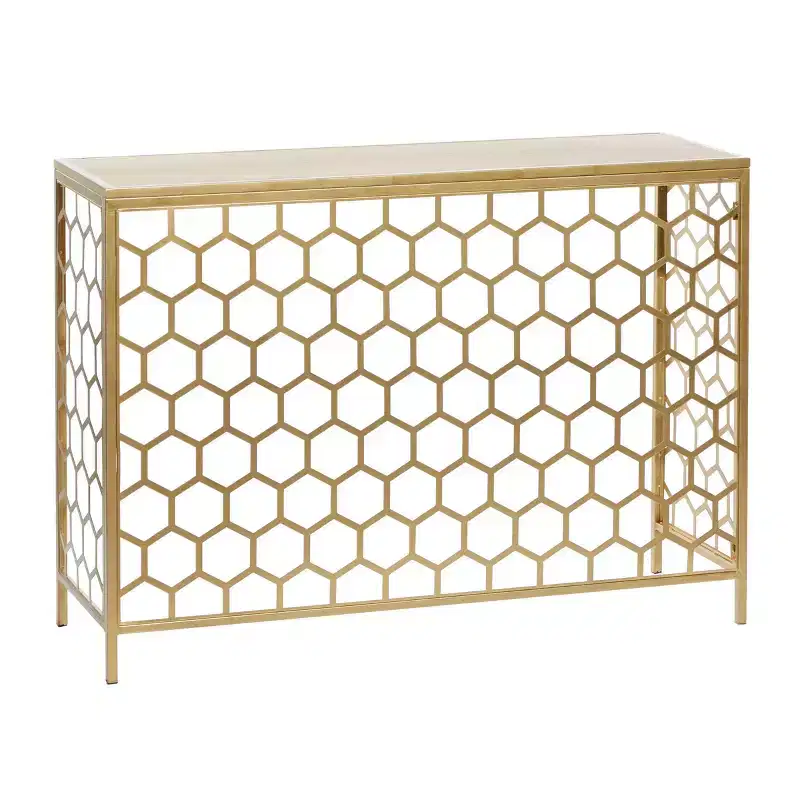 Gold Beehive Pattern Console Table, Iron & Wood, 1-Drawer, 1-Person