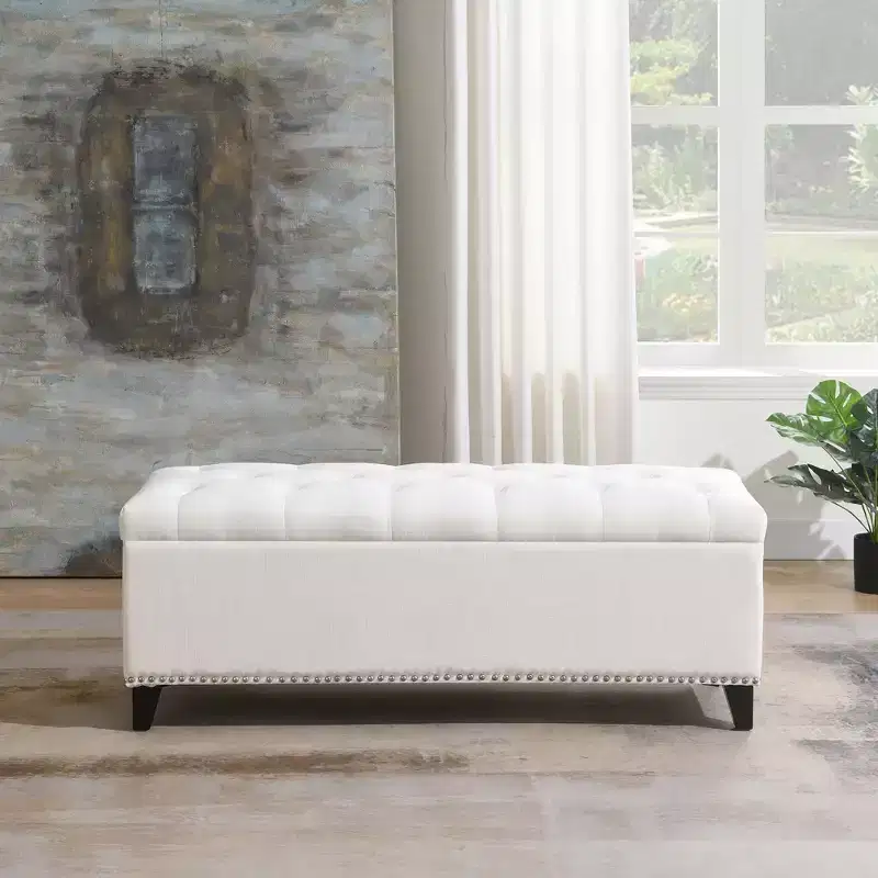 Beige / Gray Button-Tufted Storage Ottoman Bench, Single-Seat