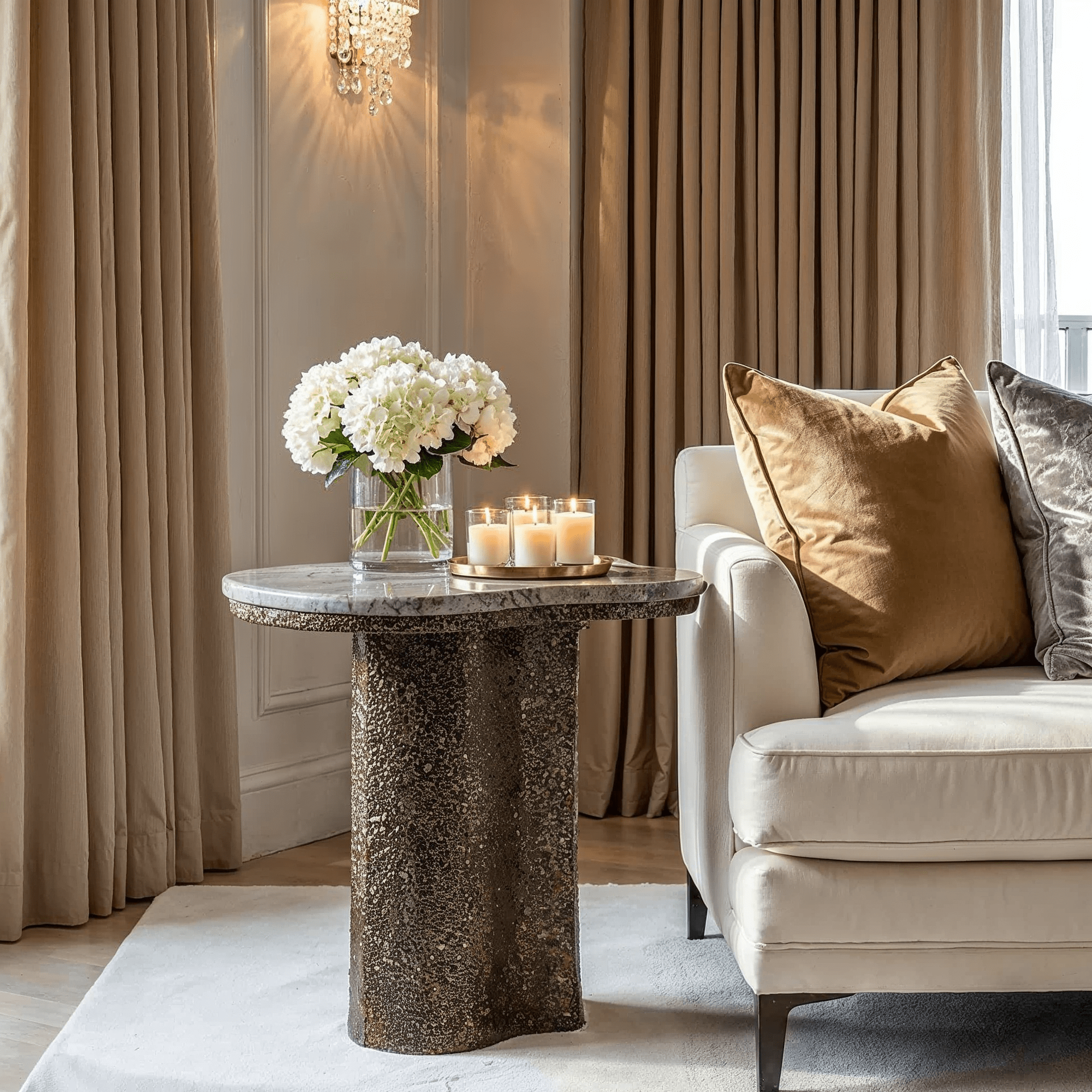 Neutral Marble Side Table with Brushed Brass Base