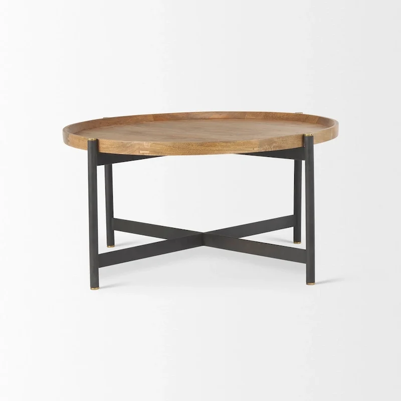 Marquisa Medium Brown Solid Wood w/ Black Iron Frame 34 Round Coffee Table - 34L x 34W x 16.5H
