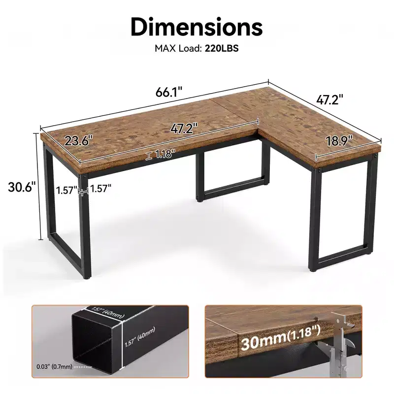 66-Inch L-Shaped Corner Computer Desk with Extra-Thick Desktop and Heavy-Duty Metal Frame, Rustic Brown
