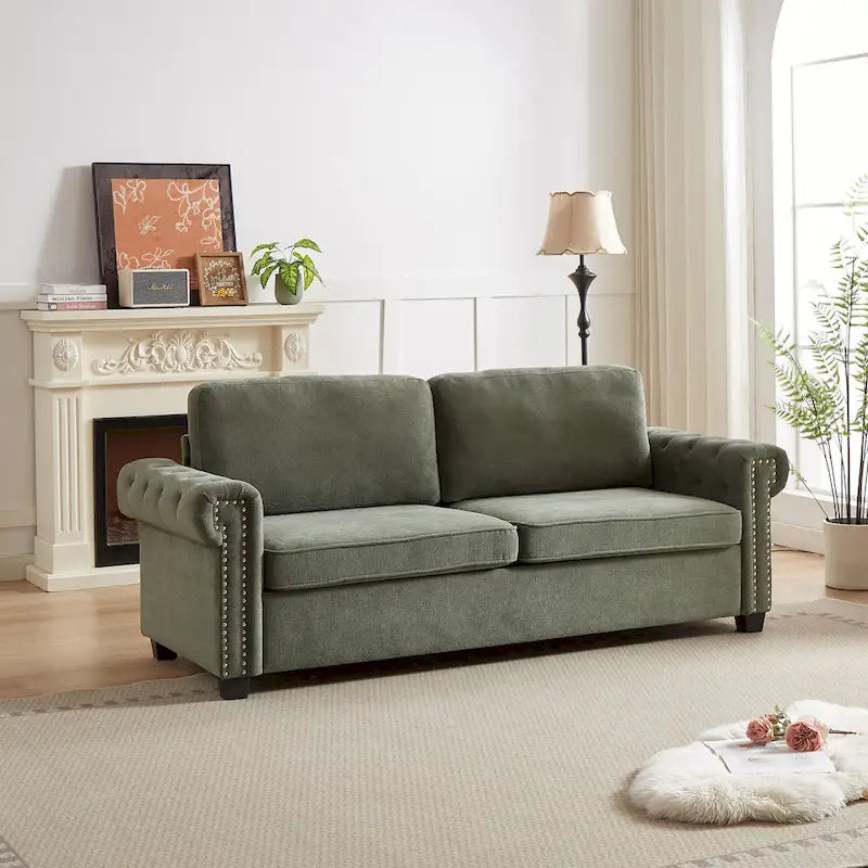 Green 83.8 2-in-1 Polyester 3-seater Nailheads Convertible Pullout Sofa Bed with Folding Mattress for Living Room