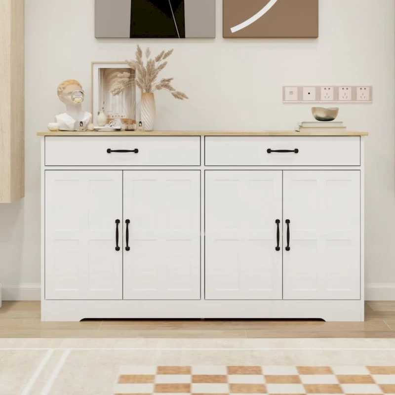 55.91 Large Farmhouse Buffet Cabinet Storage Sideboard with 2 Drawers and 4 Doors for Dining Living Room Kitchen Cupboard-White