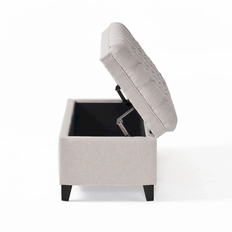 Rhya Storage Bench Ottoman, 50 Inch Seat, Button Tufted Gray Fabric