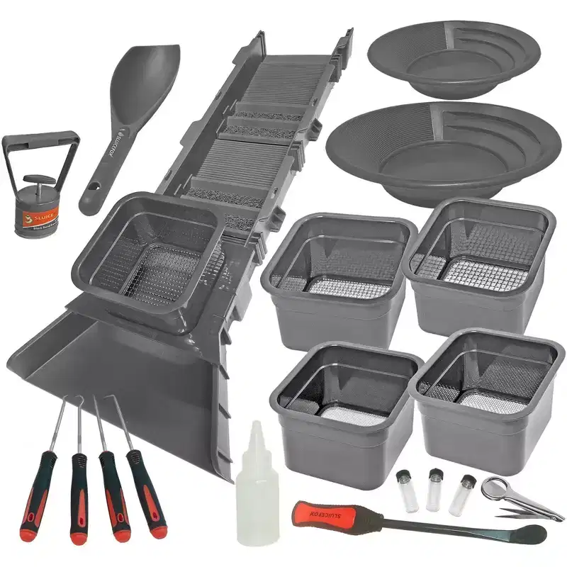 Sluice Box Compact Gold Panning Kit; portable sluice box and 5 classifier sifting pans; huntley spoon; paydirt scoop