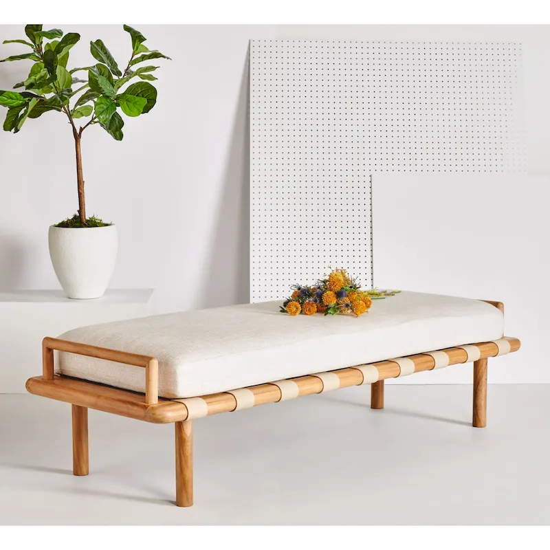 Teak Wood Cushion Bench Natural White Linen Coastal Boho Style