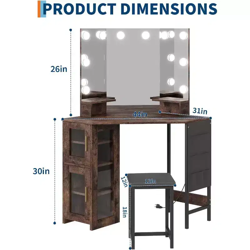Corner Vanity Desk with Lighted Tri-Fold Mirror and Built-In Power Station