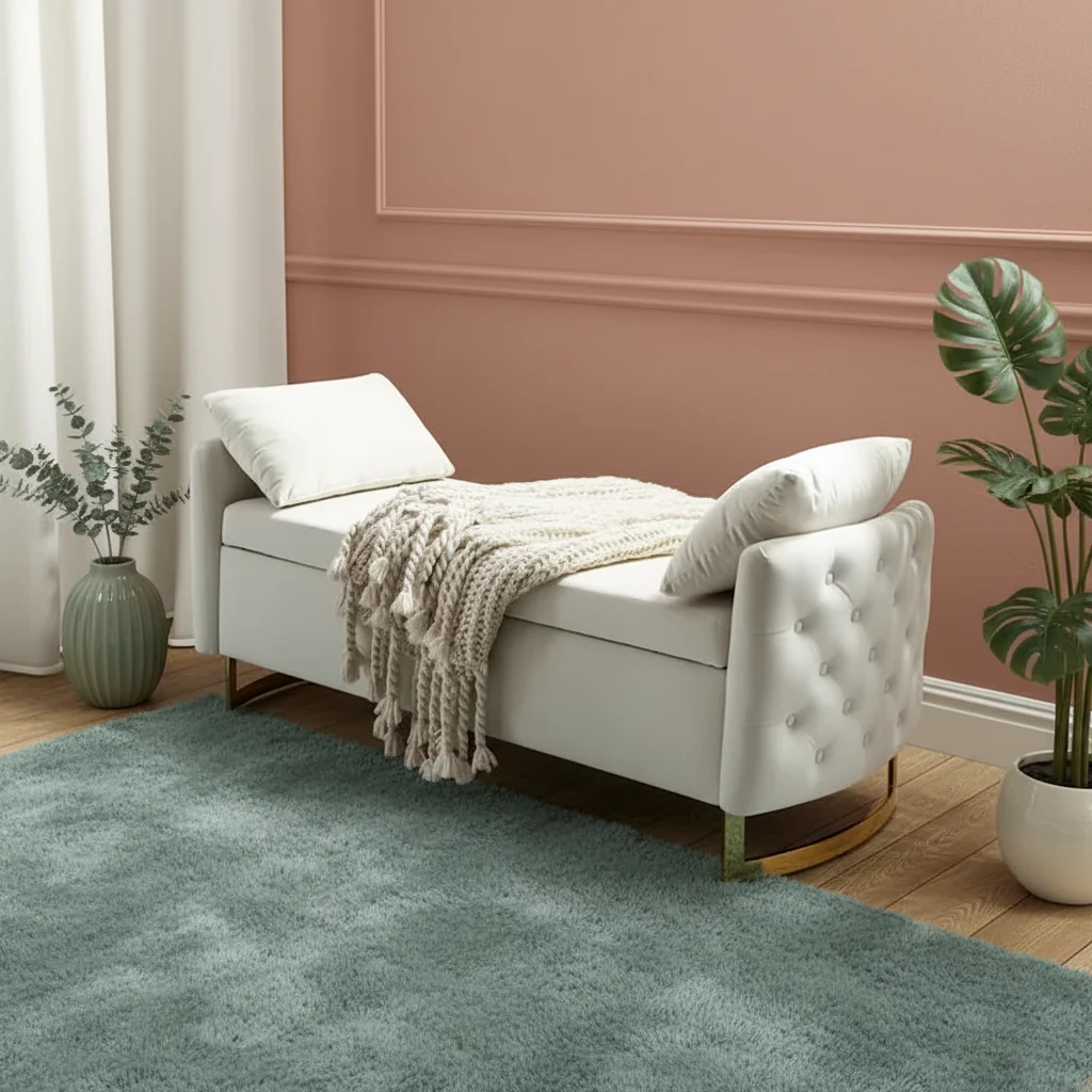 Modern Upholstered Flip Top Storage Bench with Pillows