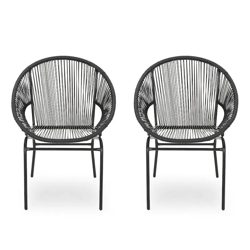 Sanu Outdoor Accent Chair Set of 2, PE Rattan, Black Iron, Round Backrests