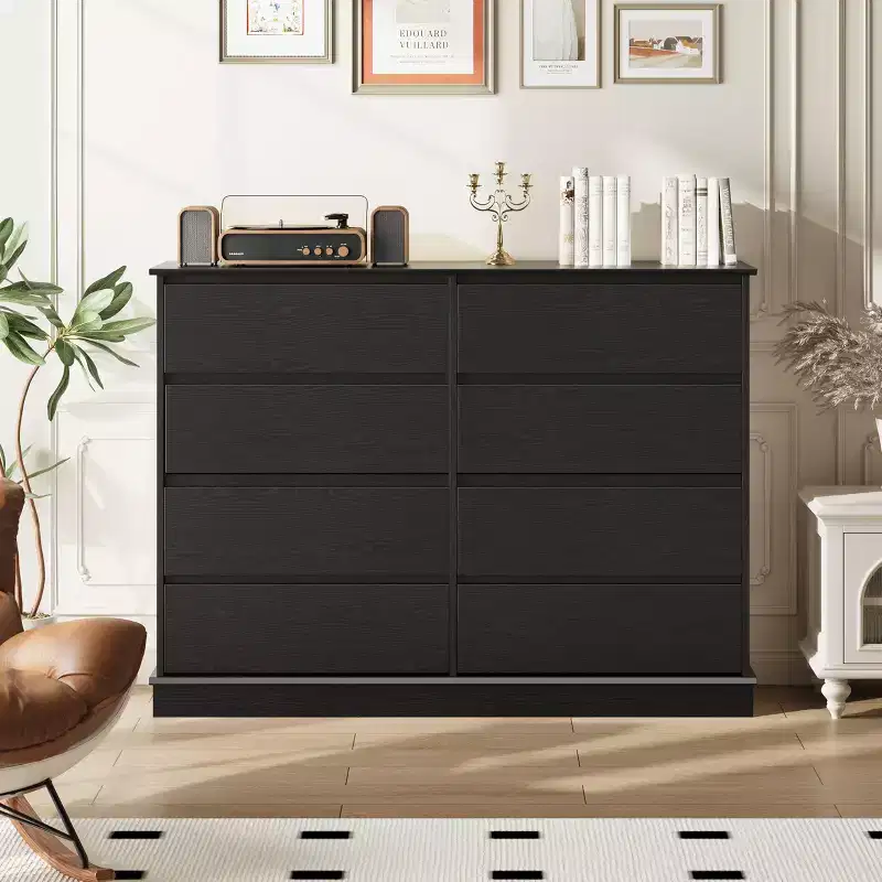 8-Drawer Horizontal Dresser �C 130 cm Wide, Scratch-Resistant MDF, Faux Linen Drawers