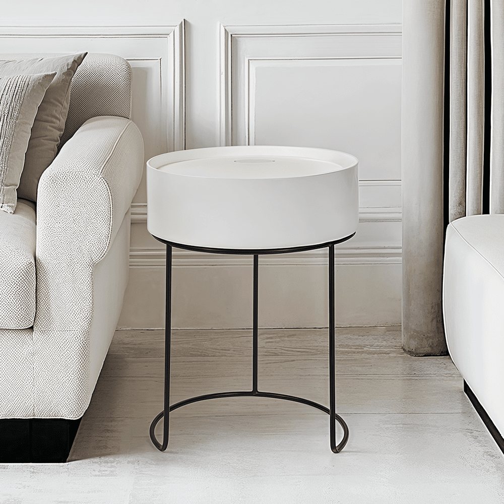 White Wood Veneer & Black Metal Storage Side Table