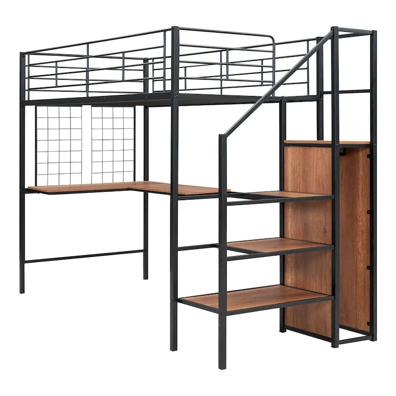 Black Modern Twin Size Metal Loft Bed with L-Shaped Desk, Wardrobe and Shelves