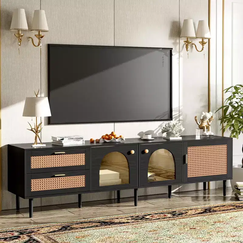 GDFStudio Stefan Mid-Centurn Modern TV Stand with LED Light, Rattan & Glass Doors and 2 Drawers