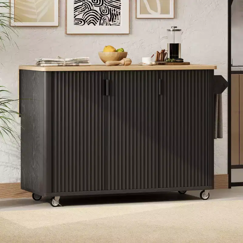 51" Farmhouse Fluted Kitchen Island with Drop Leaf, Wheels and Internal Storage Rack