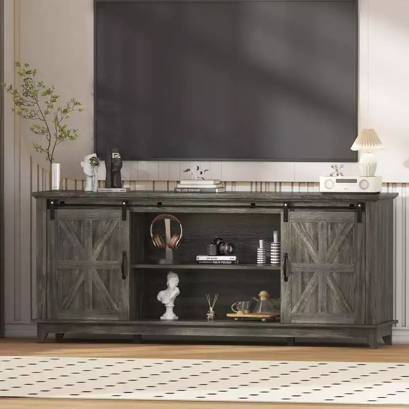 Farmhouse TV Stand for 75 Inch TV with Barn Doors, Adjustable Shelves and Storage Cabinets for Living Room