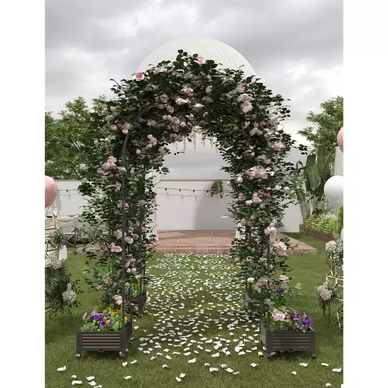 Heavy Duty Metal Garden Arch Arbor with Planter Boxes & Wheels, Outdoor Trellis for Climbing Plants, Mobile Wedding Archway Patio Yard Decor