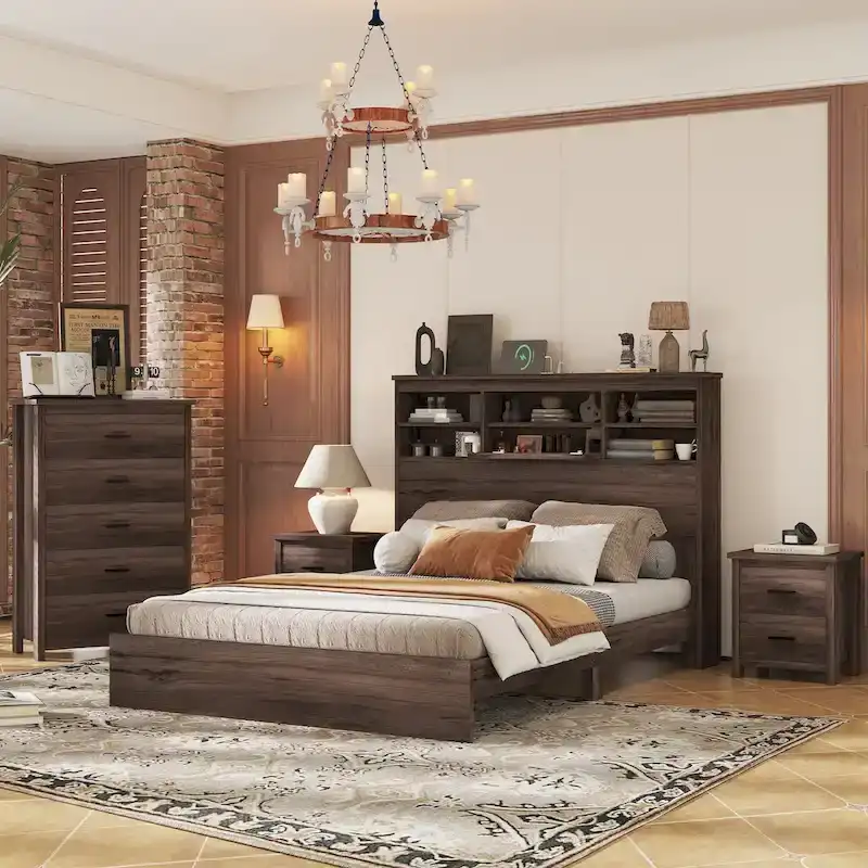 Bedroom Set Queen Size Vintage Wooden Bed Frame with 2 Nightstands and 1 Dresser