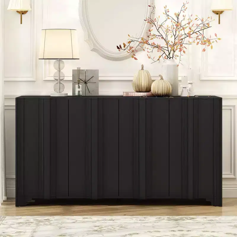 TUYOHW Modern 4-Door Sideboard,Storage Cabinet with Linear Accents,Pine Veneer,Triangular Legs,Console Cabinet for Living Room,Entryway,Study