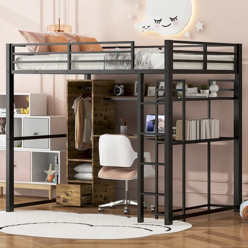 Black Full Size Metal Loft Bed with Wardrobe, Drawer, Desk and Shelves
