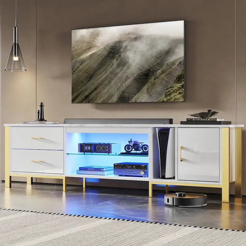 Black Marble Gloss LED TV Stand with Drawers and Storage Cabinet