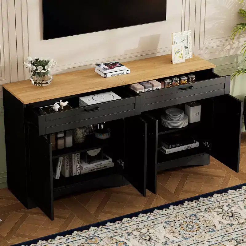 MAYEERTY Black Farmhouse TV Stand, 2-Drawer Wood Grain Sideboard for 70 TVs