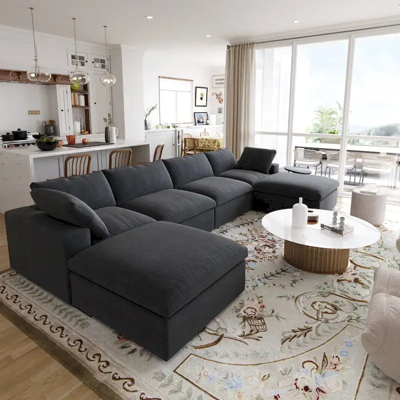 Large U-Shape Linen Reversible Modular Seating Component Sectional with 2 Ottoman