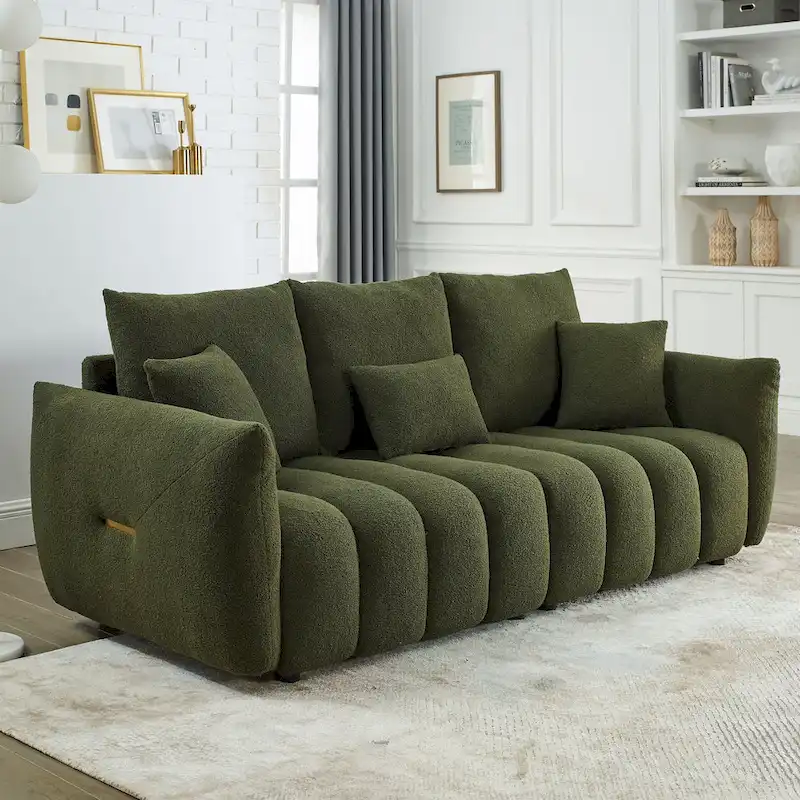 Green Teddy 3-seater Sofa with Back Pillows and Wood Frame