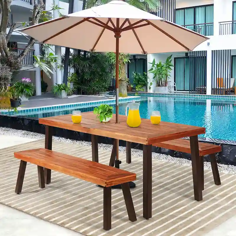 Costway 3 Pieces Picnic Table Set Acacia Wood Table Bench with Steel
