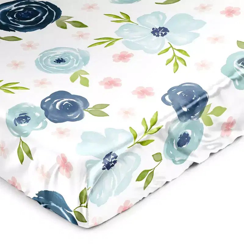 Sweet Jojo Designs Girl Satin Fitted Crib Sheet Watercolor Floral Blue Pink and White