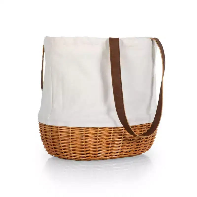 Picnic Time Coronado Canvas & Willow Basket Tote: Wicker Picnic Bag with Handles, Solid Beige, Drawstring Closure