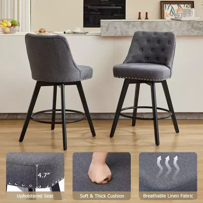 26 H Set of 2 Swivel Bar Chair with Back Solid Wood Legs and Faux Leather Upholstered Back for Kitchen Island