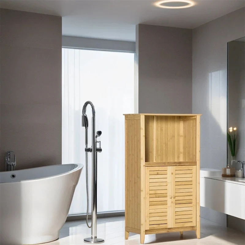 Anti-Toppling Bamboo Bathroom Floor Cabinet with Shelf and Footpad