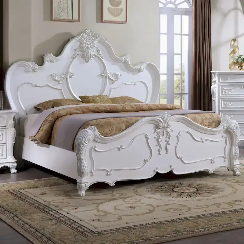 Traditional Solid Wood Panel Bed with Intricate Carved Trim