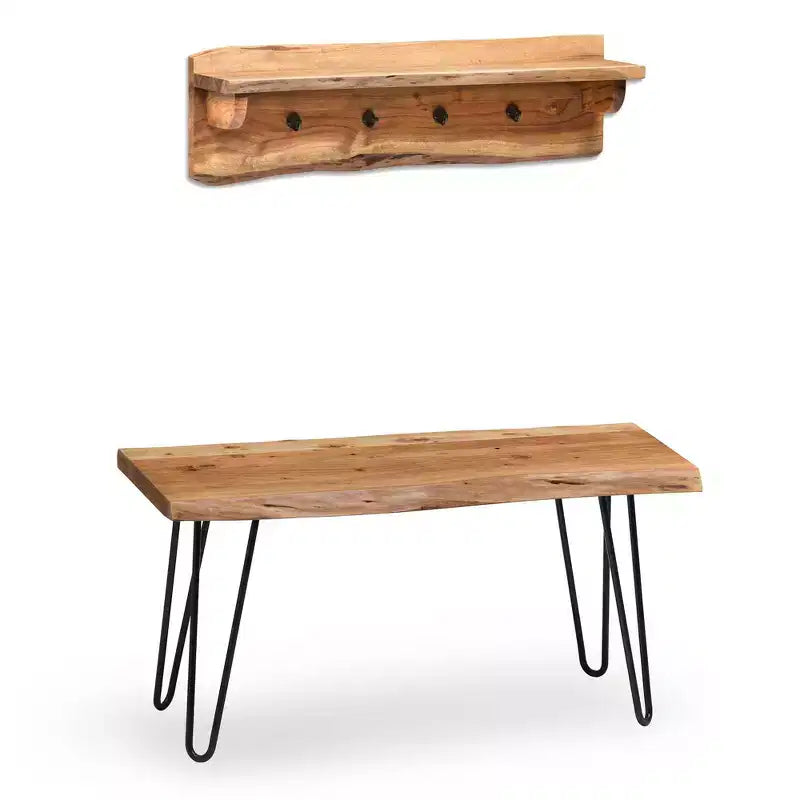 36 Hairpin Live Edge Wood Storage Bench with Coat Hook Shelf Set Natural - Alaterre Furniture