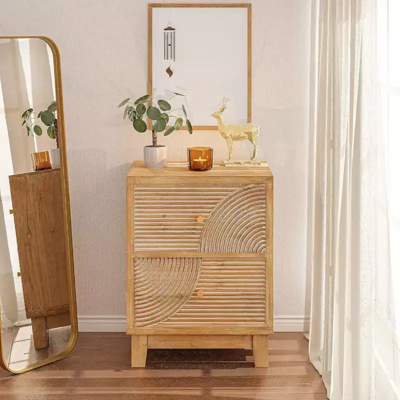 2-Drawer Nightstand with Wood Ring Pattern, Natural Wood Finish
