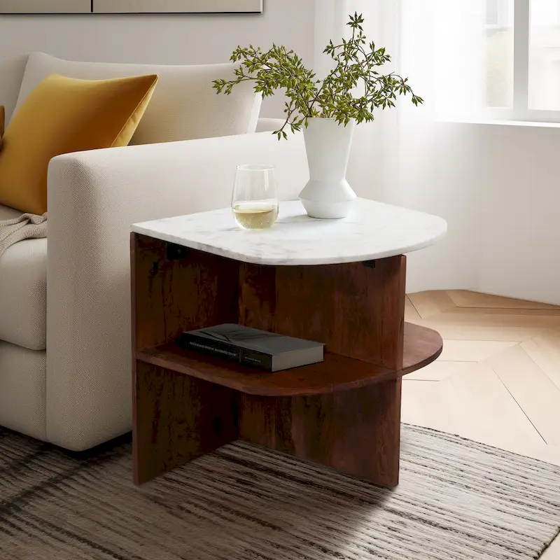 Modern Neutral Wood/Marble Brown 20 Half Round Side Accent Table - 20 x 20 x 20 - 20 x 20 x 20