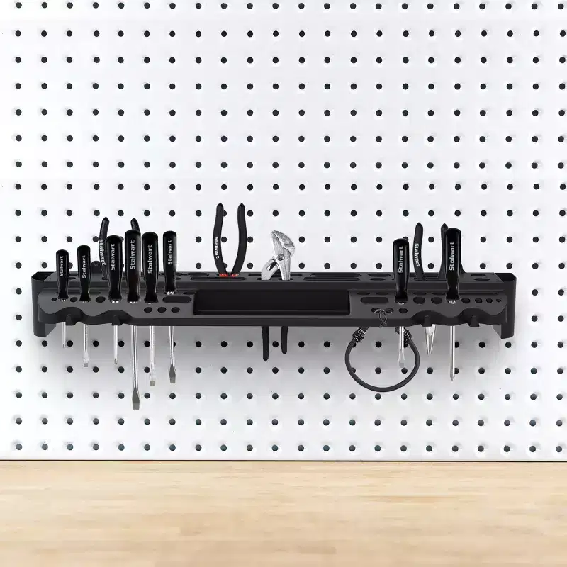 Tool Storage Shelf  Wall Mount Utility Shelf Organizer Rack Has 61 Slots, 4 Hooks, 2 Compartments  Garage Shelving and Tool Organizers by Stalwart