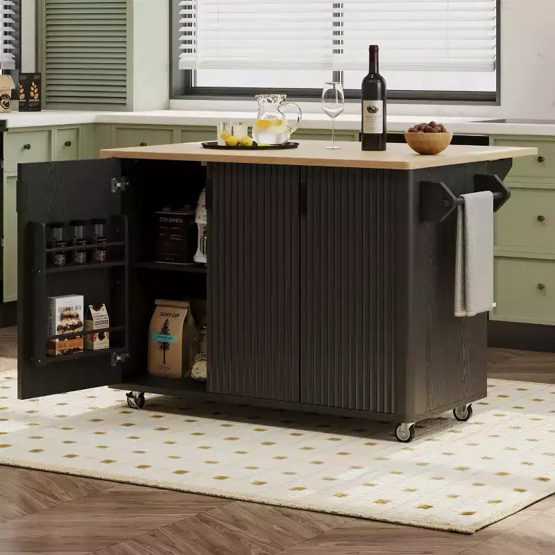 Rolling Solid Wood Kitchen Island with Rubberwood Top, 3 Drawers, 2 Cabinets, Adjustable Shelves, Spice Rack & Locking Wheels  Painted Finish