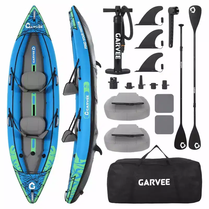 2 Person Inflatable Fishing Kayak Portable Touring Kayaks With Padded Seat, 3 Fins, Hand Pump, Carry Bag, Repair Kit12.5FT/450 LBS Weight Capacity